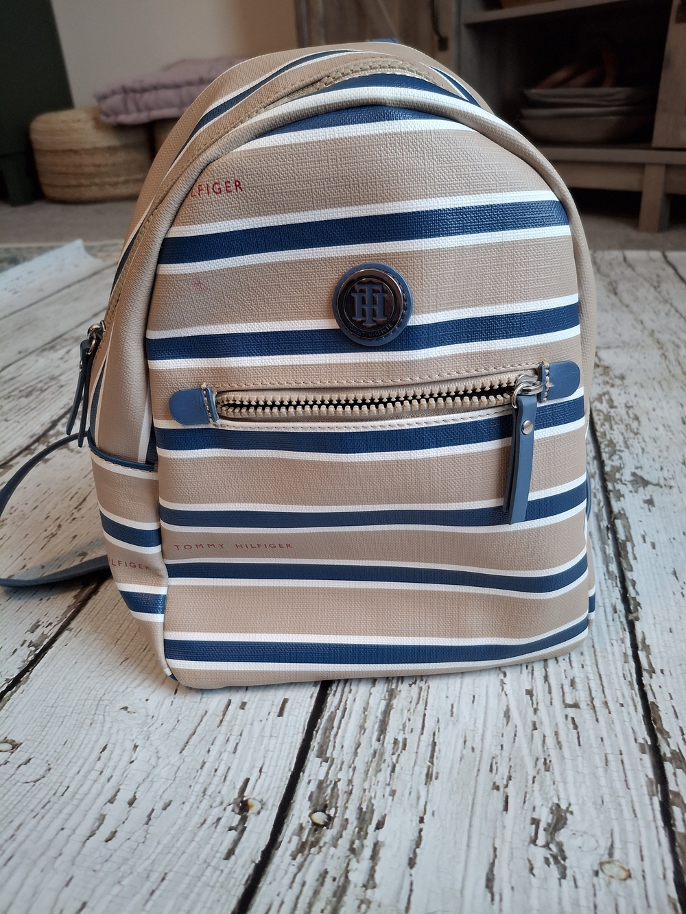 Tommy Hilfiger Beige, Navy & White Striped Mini Backpack